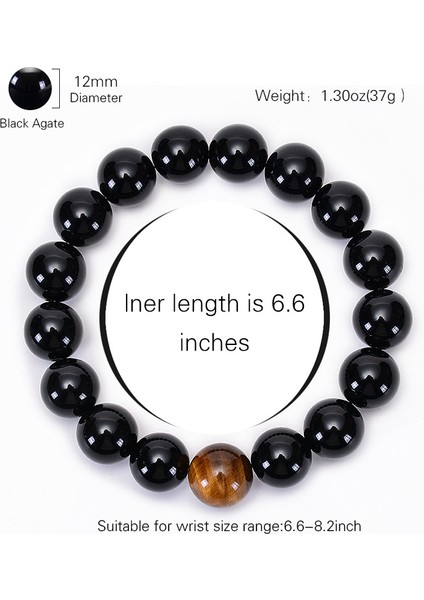 23CM Tarzı No.2 Boyutu Doğal Siyah Oniks ve Kaplan Gözü Taş Boncuklu Erkek Takı Bileklik 12 Burç Aslan Sevgililer Enerji Denge Bileklik (Yurt Dışından)