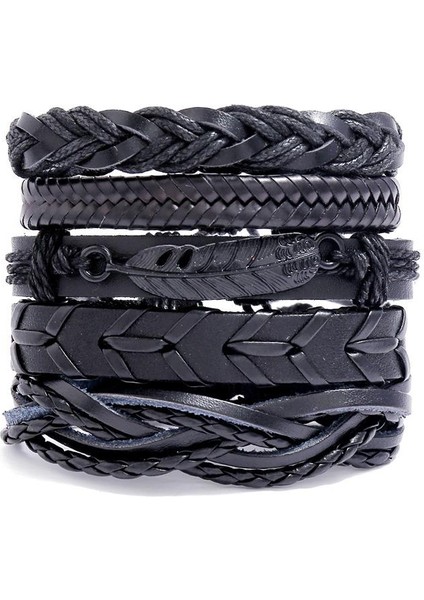 6 Adet A Erkekler Için Çok Katmanlı Bileklik Seti Örgü Sarılı Deri Bilezikler Vintage Yaşam Ağacı Bilezik Bilezik Vintage Punk Erkek Takı (Yurt Dışından)