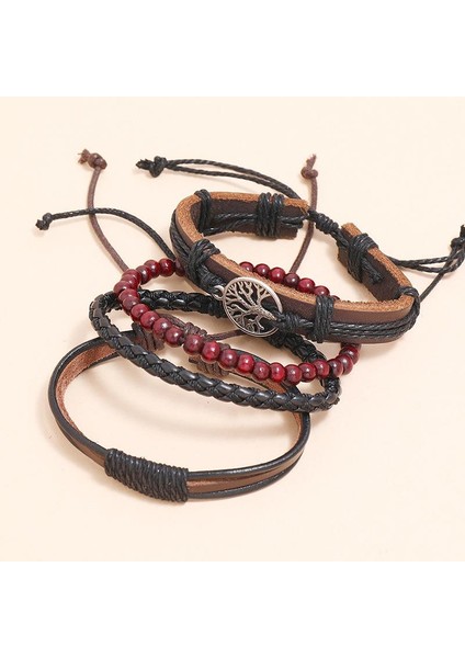 6 Adet A Erkekler Için Çok Katmanlı Bileklik Seti Örgü Sarılı Deri Bilezikler Vintage Yaşam Ağacı Bilezik Bilezik Vintage Punk Erkek Takı (Yurt Dışından)