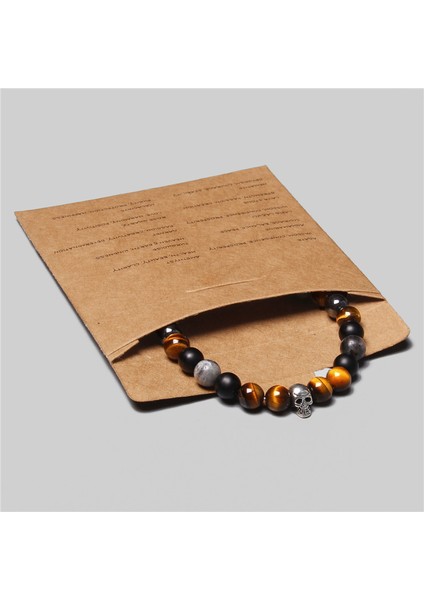 19CM Tarzı Kafatası 3 Erkek Bileklik 8mm Doğal Hematit Kaplan Gözü Boncuk Çakılma Taşı Bilezikler Çiftler Için Yeni Yıl Hediyesi Pulsera De Hombre (Yurt Dışından)