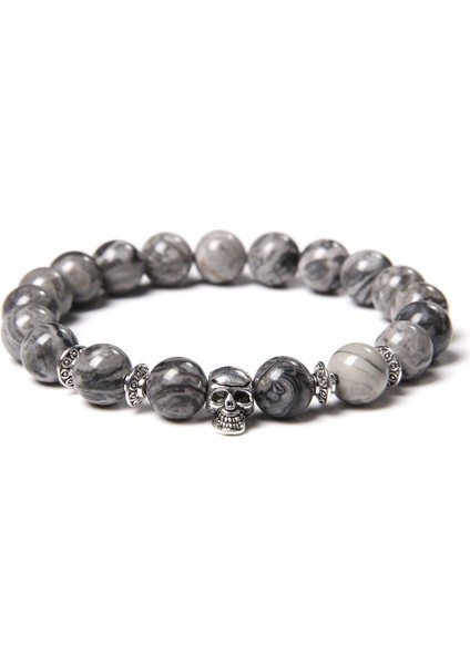 17CM Tarzı Harita Taşı Erkekler Için Kafatası Bileklik Doğal Kaplan Gözü Bilezik Homme Takı 8 mm Cilalı Afrika Turkuaz Boncuk Bilezik Gümüş Kaplama Pulsera (Yurt Dışından)