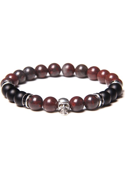 23CM Tarzı Kırmızı Taş Erkekler Için Kafatası Bileklik Doğal Kaplan Gözü Bilezik Homme Takı 8 mm Cilalı Afrika Turkuaz Boncuk Bilezik Gümüş Kaplama Pulsera (Yurt Dışından)
