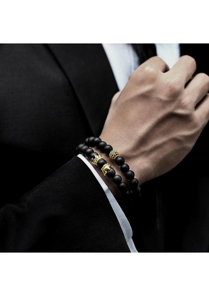 No.8 Boyutu 2 Parça Taç Erkek Bilezik Set Moda Altın Renk El Yapımı Yeni Strand Taş Boncuk Bilezik Erkek Takıları Için Pulsera Hombre (Yurt Dışından)