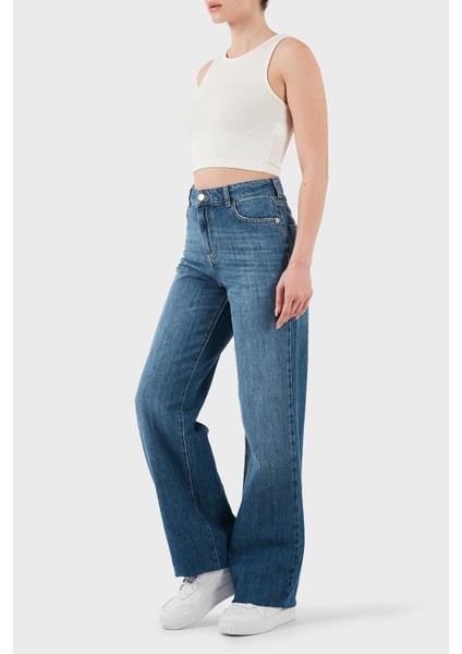 Pamuklu Comfort Fit Yüksek Bel Geniş Paça Jeans Bayan Kot Pantolon EW001119 AF12676 MB002 fırsatları