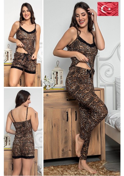Kadın Leopar Desenli Dantel Detaylı Şortlu ve Taytlı Pijama Takımı 3'lü Set 75000