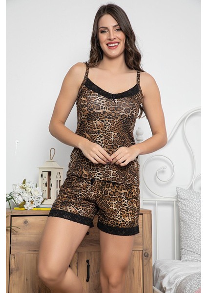 Kadın Leopar Desenli Dantel Detaylı Şortlu ve Taytlı Pijama Takımı 3'lü Set 75000