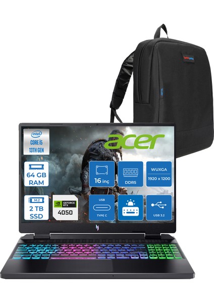 nitro AN16 Intel İ5-13420H 64GB Ddr5 2tb SSD 6GB/RTX4050 16'' Wuxga (1920X1200) IPS 165Hz Nvıdıag-Sync Freedos Gaming Laptop NHQJMEY005F19+ZETTAÇANTA