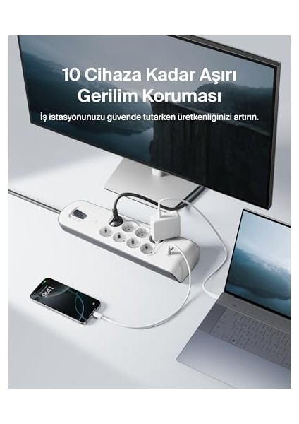 BSV804VF2M Akım Korumalı Uzatma Priz,8 Çıkışlı PRIZ,2,4A Çıkışlı Iki (2) Adet USB Bağlantı Noktası ,2m, 2X2.4A USB Girişi