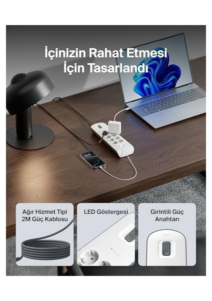 BSV804VF2M Akım Korumalı Uzatma Priz,8 Çıkışlı PRIZ,2,4A Çıkışlı Iki (2) Adet USB Bağlantı Noktası ,2m, 2X2.4A USB Girişi