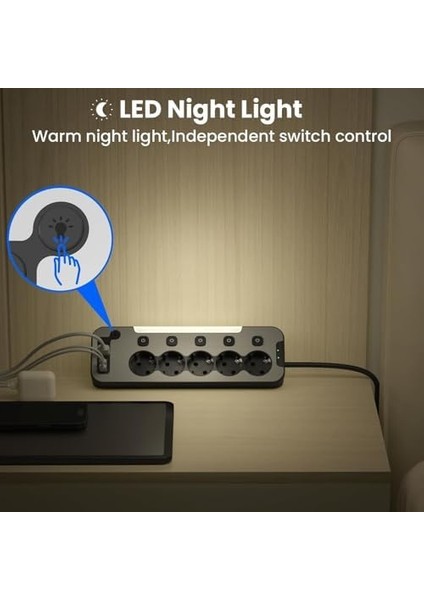 Bağımsız Anahtarlı 5'li Işıklı Akım Korumalı Çoklu Priz, 2x USB - 2x Type-C Giriş, Metal Ön Panel