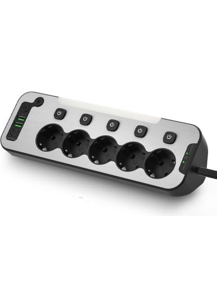 Bağımsız Anahtarlı 5'li Işıklı Akım Korumalı Çoklu Priz, 2x USB - 2x Type-C Giriş, Metal Ön Panel