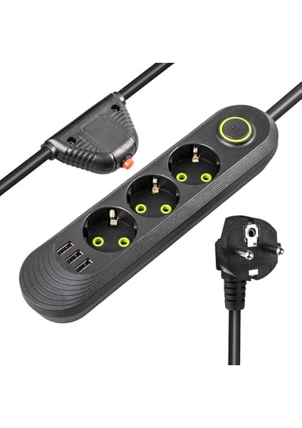 Akım Korumalı Priz, 3lü Siyah Topraklı Anahtarlı, Üçlü Grup Priz, 3 Priz ve 3 USB Çıkışı, 1.5 Metre Kablo Uzunluğu, Max 3000 Watt