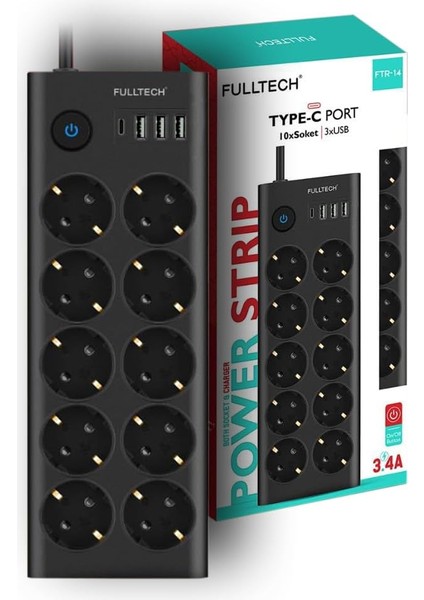 Type-C Port Girişli Akım Korumalı 10'lu Priz, 3 Usb, 1 Type-C Giriş, Isıya Dayanıklı, Ftr-14 Grup Priz, Çoklu Uzatma Kablo (Siyah)