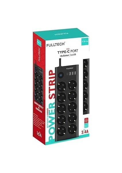 Type-C Port Girişli Akım Korumalı 10'lu Priz, 3 Usb, 1 Type-C Giriş, Isıya Dayanıklı, Ftr-14 Grup Priz, Çoklu Uzatma Kablo (Siyah)
