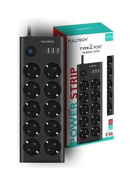 Type-C Port Girişli Akım Korumalı 10'lu Priz, 3 Usb, 1 Type-C Giriş, Isıya Dayanıklı, Ftr-14 Grup Priz, Çoklu Uzatma Kablo (Siyah)