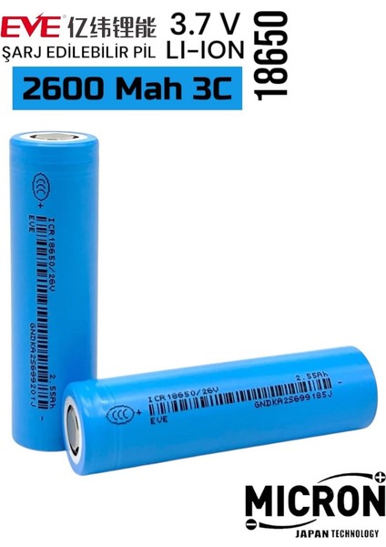 Eve 18650 3.7V (Volt) 2550 Mah 26V Lityum Şarj Edilebilir 1 Adet Pil(Batarya) Pil Kutusu Hediyeli