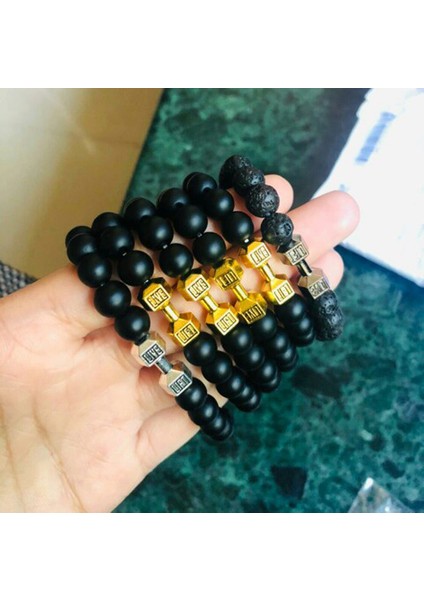 Siyah Lav Tabancası Siyah Doğal Siyah Volkanik Lava Taşı Dambıl Bilezik Siyah Mat Boncuk Bilezik Kadınlar ve Erkekler Için Fitness Barbell Takı Pulseras (Yurt Dışından) indirimleri