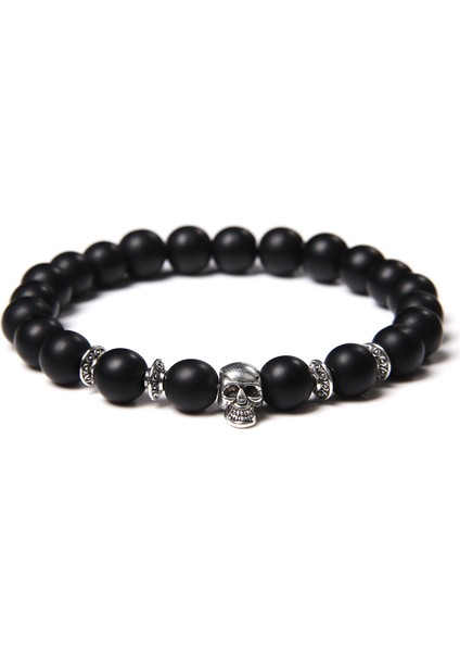 19CM Tarzı Mat Oniks Erkekler Için Kafatası Bileklik Doğal Kaplan Gözü Bilezik Homme Takı 8 mm Cilalı Afrika Turkuaz Boncuk Bilezik Gümüş Kaplama Pulsera (Yurt Dışından)