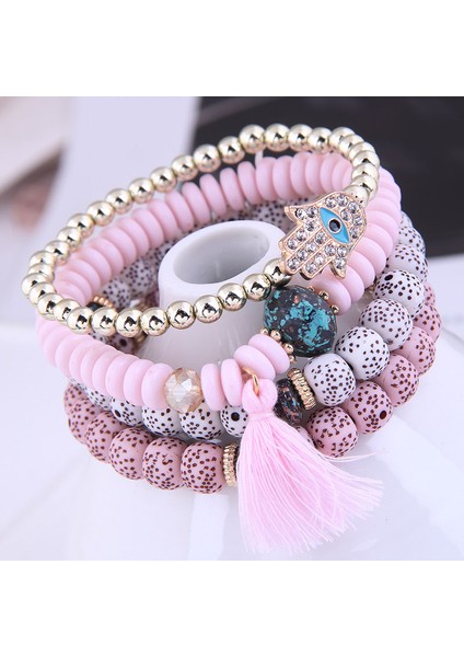 17CM Tarzı Pas Kırmızısı Kadınlar Için Kalp Charm Boncuk Bilezik Seti Lava Taşı Çok Katmanlı Bohemia Bilezik Reçine Boncuk Bilezikler Kadınlar Için Bijoux (Yurt Dışından)