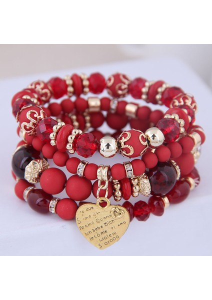 17CM Tarzı Pas Kırmızısı Kadınlar Için Kalp Charm Boncuk Bilezik Seti Lava Taşı Çok Katmanlı Bohemia Bilezik Reçine Boncuk Bilezikler Kadınlar Için Bijoux (Yurt Dışından)