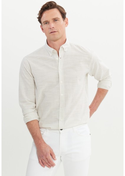 %100 Pamuk Comfort Fit Rahat Kesim Düğmeli Yaka Çizgili Gömlek