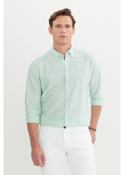 %100 Pamuk Comfort Fit Rahat Kesim Düğmeli Yaka Çizgili Gömlek