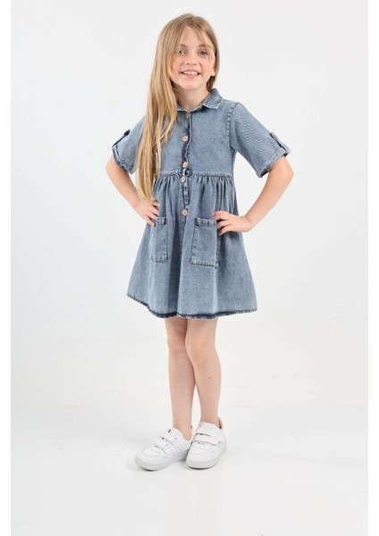 Kız Çocuk Çift Cepli/düğme Kapamalı Jean Elbise 12199