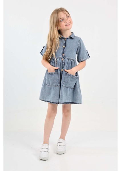 Kız Çocuk Çift Cepli/düğme Kapamalı Jean Elbise 12199 fiyatları