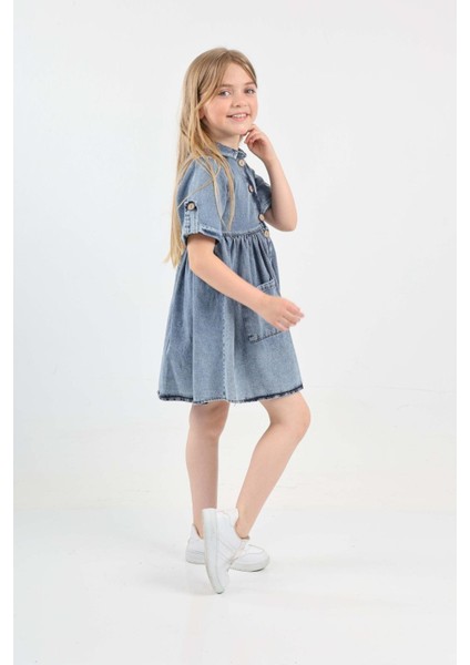 Kız Çocuk Çift Cepli/düğme Kapamalı Jean Elbise 12199 modelleri
