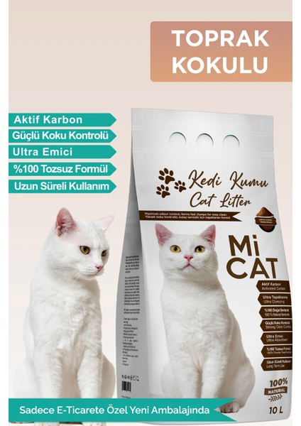 10 Litre Toprak Kokulu Kedi Kumu Koku Hapseden Aktif Karbonlu Süper Topaklanan ve Tozsuz