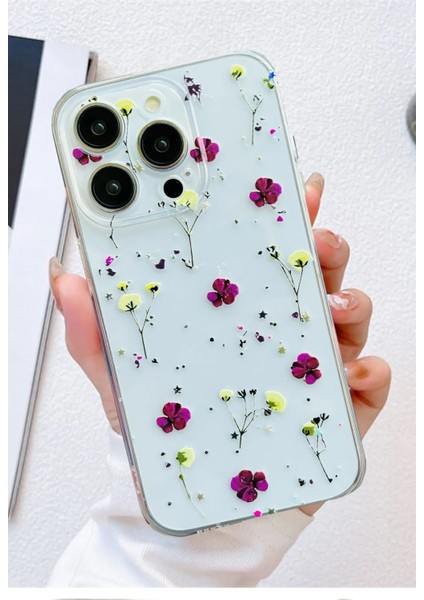 Iphone 15 Pro Uyumlu Desenli Şeffaf Silikon Kılıf Morçiçekler