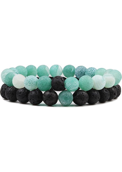 8mm Siyah Yeşil Set Bileklik Çiftler Mesafe Siyah Beyaz Doğal Lav Taşı Kaplan Gözü Boncuklu Yoga Bilezikler Erkek Kadınlar Elastik Halat Takı Için (Yurt Dışından)