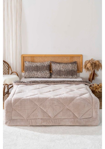 Bej Leopar Loura Çift Kişilik Çift Taraflı Lüx Wellsoft Yorgan Seti 195x215 cm