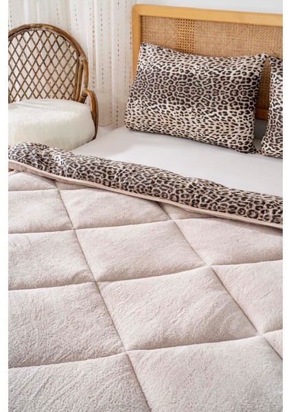 Bej Leopar Loura Çift Kişilik Çift Taraflı Lüx Wellsoft Yorgan Seti 195x215 cm