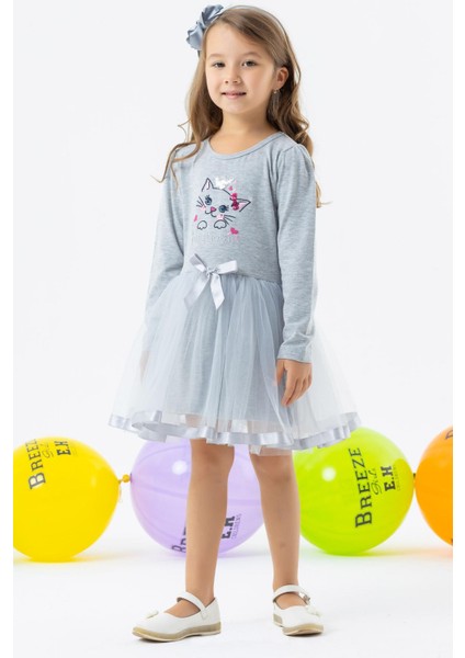 Kız Çocuk Uzun Kollu Elbise Kedicik Nakışlı Pullu 1.5-5 Yaş, Gri Melanj modelleri
