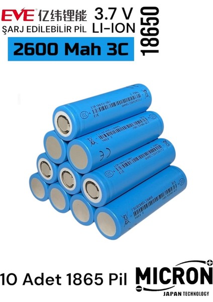 Eve 18650 3.7V (Volt) 2550 Mah 26V Lityum Şarj Edilebilir 10 Adet Pil(Batarya)