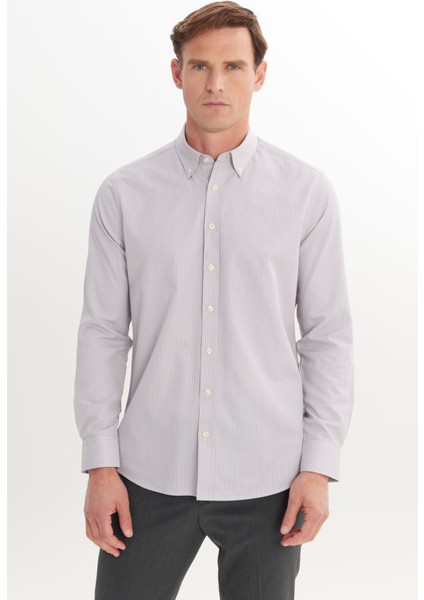 Pamuklu Slim Fit Dar Kesim Düğmeli Yaka Çizgili Gömlek modelleri