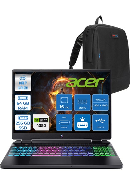 nitro AN16 Intel I7 13620H 64GB Ddr5 256GB SSD 6GB/RTX4050 16'' Wuxga (1920X1200) IPS 165Hz Nvıdıag-Sync Freedos Gaming Laptop NHQJMEY007F16+ZETTAÇANTA