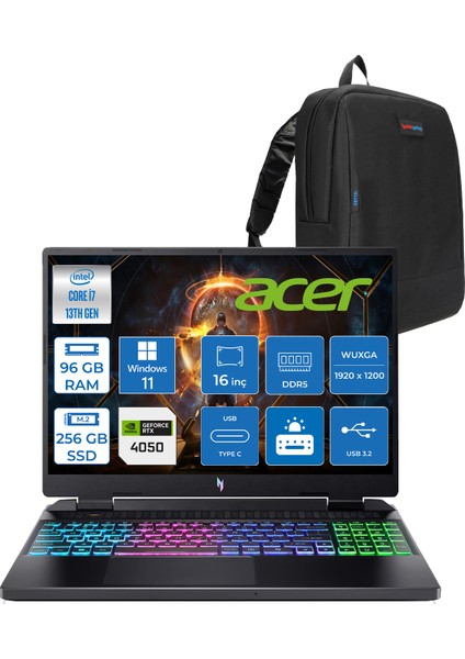 nitro AN16 Intel I7 13620H 96GB Ddr5 256GB SSD 6GB/RTX4050 16'' Wuxga (1920X1200) IPS 165Hz Nvıdıag-Sync WIN11HOME Gaming Laptop NHQJMEY007H26+ZETTAÇANTA