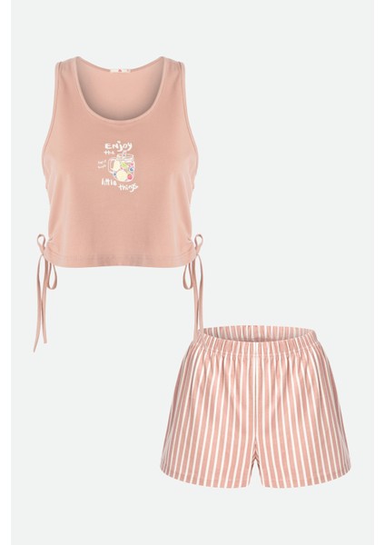 Kadın Pamuklu Yandan Bağlamalı Büzgülü Şortlu Pijama Takımı