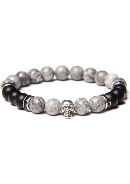 21CM Tarzı Saf Altın Rengi Erkekler Için Kafatası Bileklik Doğal Kaplan Gözü Bilezik Homme Takı 8 mm Cilalı Afrika Turkuaz Boncuk Bilezik Gümüş Kaplama Pulsera (Yurt Dışından)