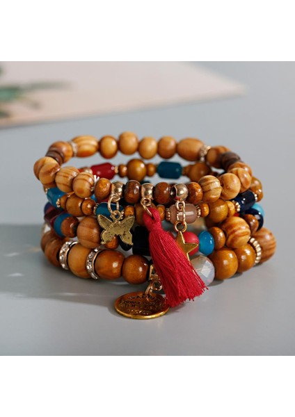 HXB044-5 Kadın Aksesuarları Ahşap Boncuklu Fırfırlı Bohemya Stil Bilezik Yıldız Kelebek Kolye Bileklik (Yurt Dışından) modelleri