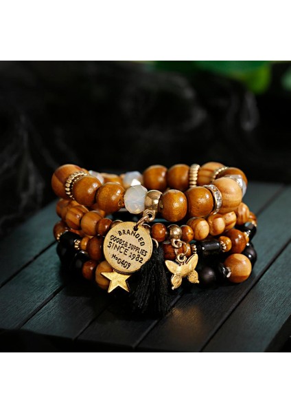 HXB044-5 Kadın Aksesuarları Ahşap Boncuklu Fırfırlı Bohemya Stil Bilezik Yıldız Kelebek Kolye Bileklik (Yurt Dışından) fırsatları