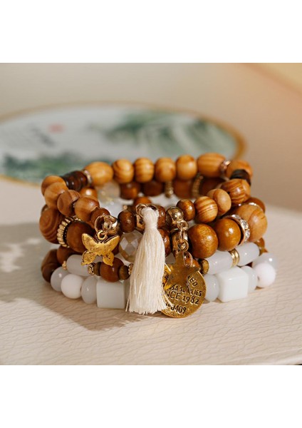 HXB044-5 Kadın Aksesuarları Ahşap Boncuklu Fırfırlı Bohemya Stil Bilezik Yıldız Kelebek Kolye Bileklik (Yurt Dışından) indirimleri