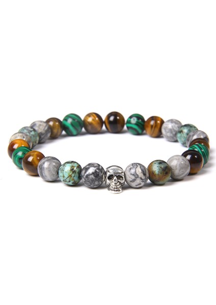 23CM Tarzı Saf Altın Rengi Erkekler Için Kafatası Bileklik Doğal Kaplan Gözü Bilezik Homme Takı 8 mm Cilalı Afrika Turkuaz Boncuk Bilezik Gümüş Kaplama Pulsera (Yurt Dışından) fırsatları