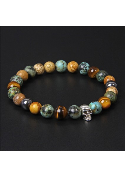 23CM Tarzı Mat Oniks Erkekler Için Kafatası Bileklik Doğal Kaplan Gözü Bilezik Homme Takı 8 mm Cilalı Afrika Turkuaz Boncuk Bilezik Gümüş Kaplama Pulsera (Yurt Dışından) indirimleri