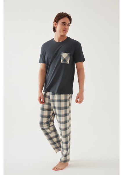 Erkek Pamuklu Üst Füme Göğüs Cepli Kısa Kollu Pijama Takımı