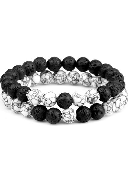 1'i Ayarla Moda Çiftler Boncuklu Bileklik 8mm Doğal Siyah Lava Taşı Hematit Mesafe Bilezikleri Kadın Erkek Takı En Iyi Arkadaş Hediye (Yurt Dışından)