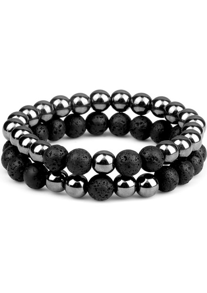 5'i Ayarla Moda Çiftler Boncuklu Bileklik 8mm Doğal Siyah Lava Taşı Hematit Mesafe Bilezikleri Kadın Erkek Takı En Iyi Arkadaş Hediye (Yurt Dışından)