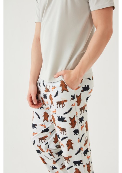 Erkek Kısa Kollu Pamuklu Ayıcık Desenli Pijama Takımı